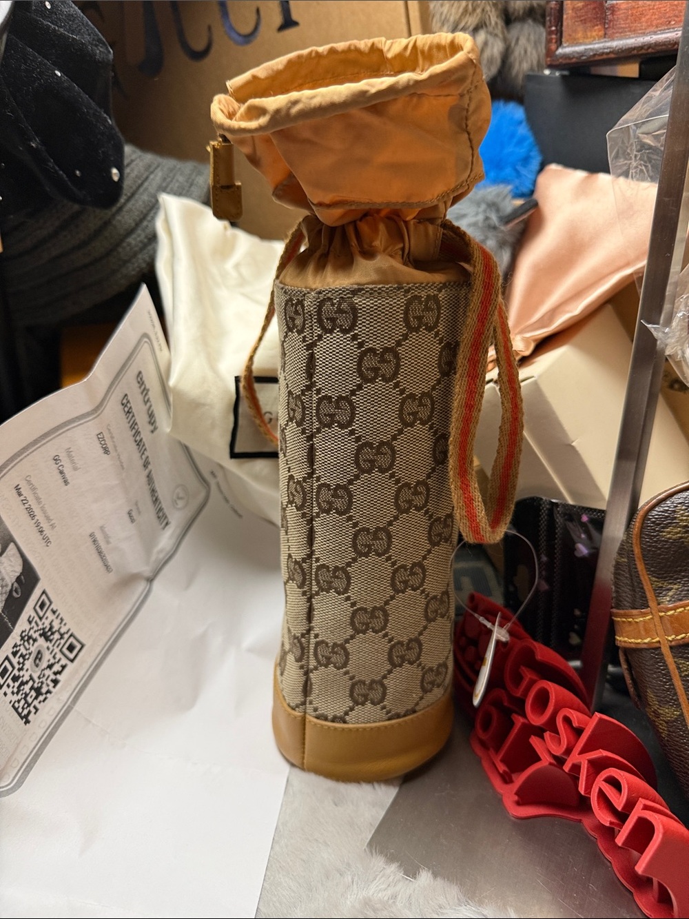 Gucci Beige GG Monogram Drawstring Mini Water Bottle Bag with Tan Trim - Picture 2 of 15